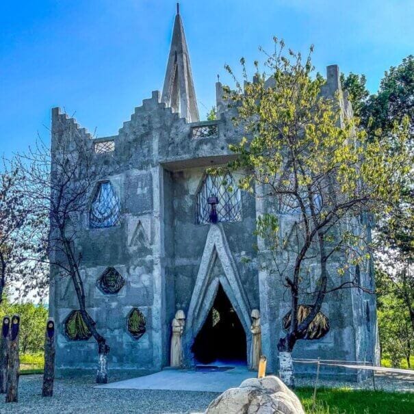 Castel sculptat, decor rustic, vegetație abundentă în fundal.